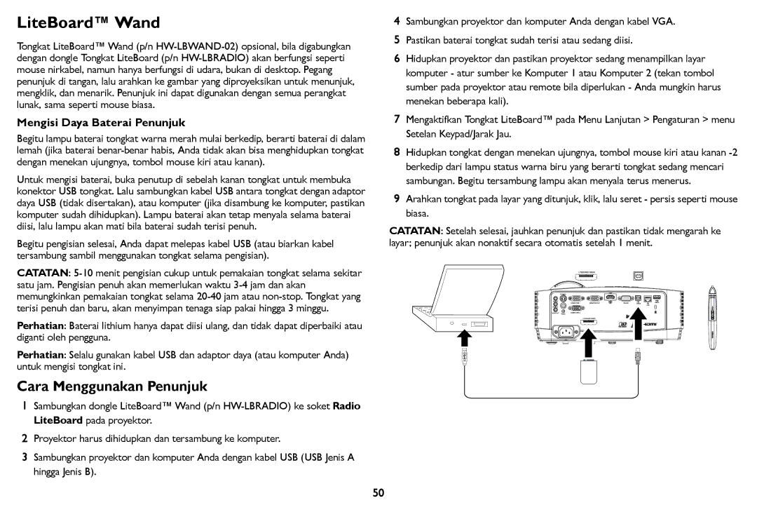 InFocus IN126STa, IN124STa manual LiteBoard Wand, Cara Menggunakan Penunjuk, Mengisi Daya Baterai Penunjuk 