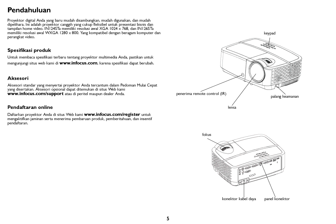 InFocus IN124STa, IN126STa manual Pendahuluan, Spesifikasi produk Aksesori Pendaftaran online 