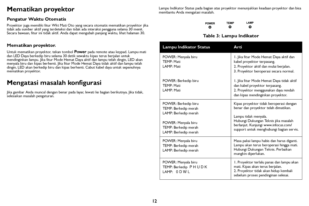 InFocus IN126STa, IN124STa Mematikan proyektor, Mengatasi masalah konfigurasi, Pengatur Waktu Otomatis, Lampu Indikator 