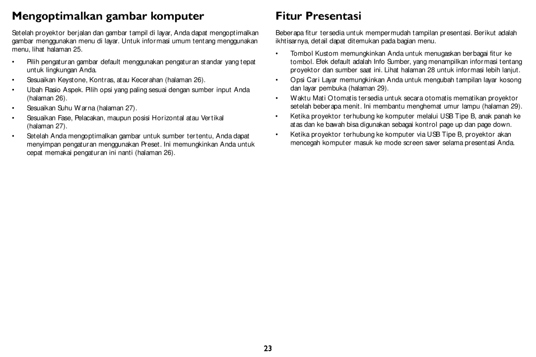 InFocus IN124STa, IN126STa manual Mengoptimalkan gambar komputer, Fitur Presentasi 