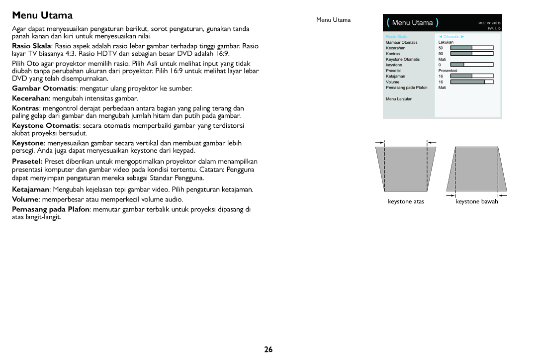 InFocus IN126STa, IN124STa manual Menu Utama 