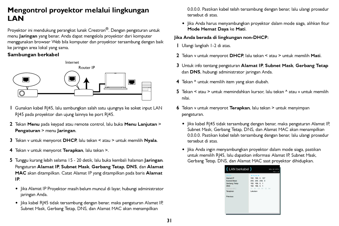 InFocus IN124STa Mengontrol proyektor melalui lingkungan, Sambungan berkabel, Jika Anda berada di lingkungan non-DHCP 