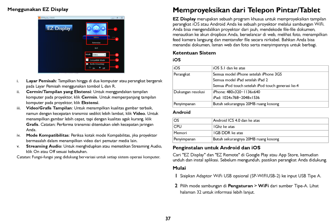 InFocus IN124STa, IN126STa manual Memproyeksikan dari Telepon Pintar/Tablet, Menggunakan EZ Display, Ketentuan Sistem, Mulai 