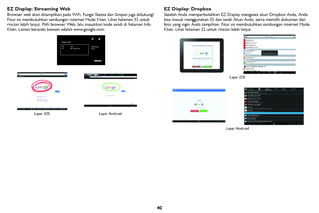 InFocus IN126STa, IN124STa manual EZ Display Streaming Web EZ Display Dropbox 