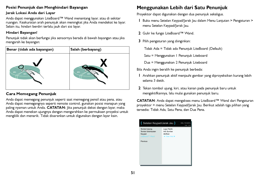 InFocus IN124STa Menggunakan Lebih dari Satu Penunjuk, Posisi Penunjuk dan Menghindari Bayangan, Cara Memegang Penunjuk 