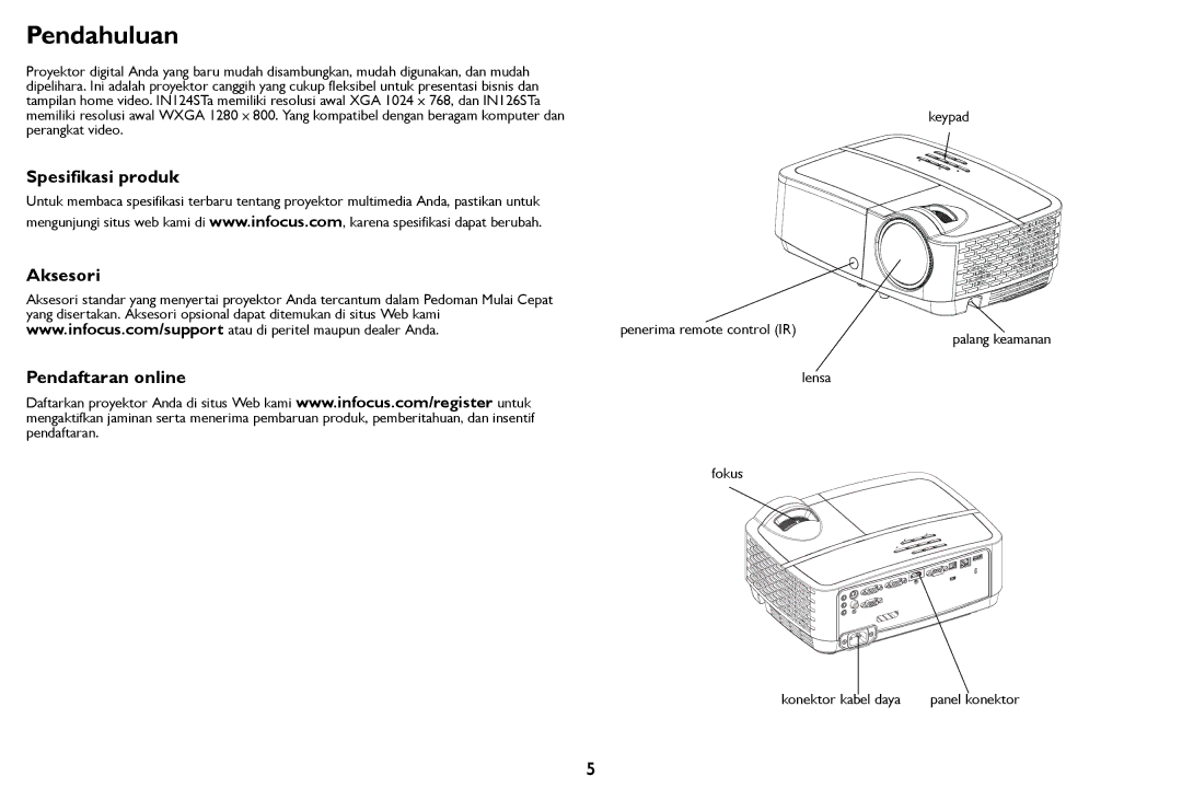 InFocus IN124STa, IN126STa manual Pendahuluan, Spesifikasi produk Aksesori Pendaftaran online 