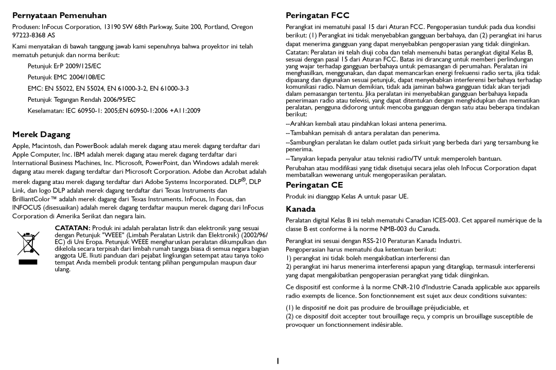 InFocus IN124STa, IN126STa manual Pernyataan Pemenuhan, Merek Dagang, Peringatan FCC, Peringatan CE, Kanada 