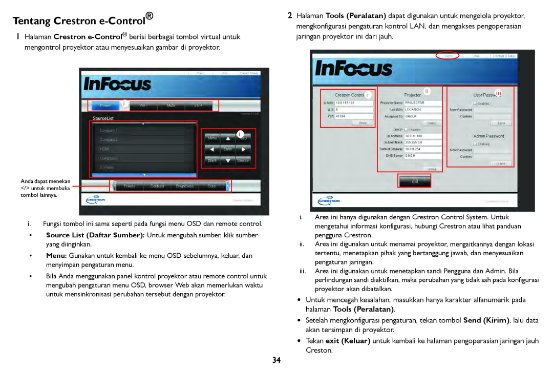 InFocus IN126STa, IN124STa manual Tentang Crestron e-Control, Anda dapat menekan / untuk membuka tombol lainnya 