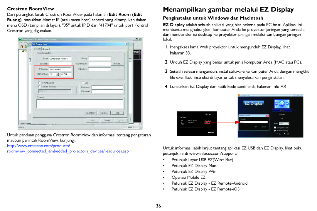 InFocus IN126STa manual Menampilkan gambar melalui EZ Display, Crestron RoomView, Penginstalan untuk Windows dan Macintosh 