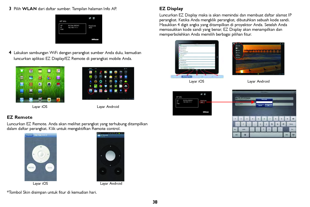 InFocus IN126STa, IN124STa manual EZ Display, EZ Remote, Pilih WLAN dari daftar sumber. Tampilan halaman Info AP 