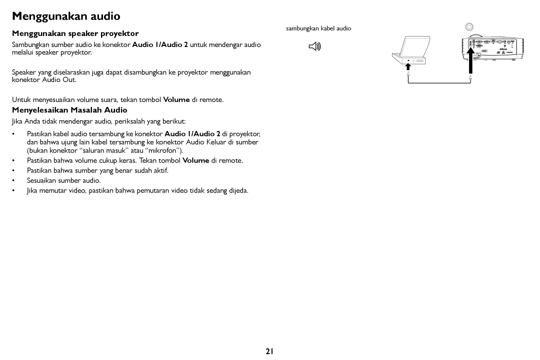 InFocus IN124STa, IN126STa manual Menggunakan audio, Menggunakan speaker proyektor, Menyelesaikan Masalah Audio 
