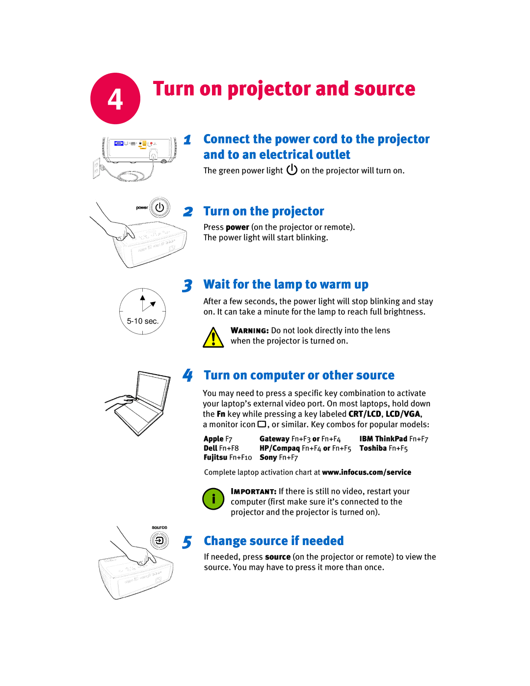 InFocus IN20 Series manual Turn on projector and source, Turn on the projector, Wait for the lamp to warm up 