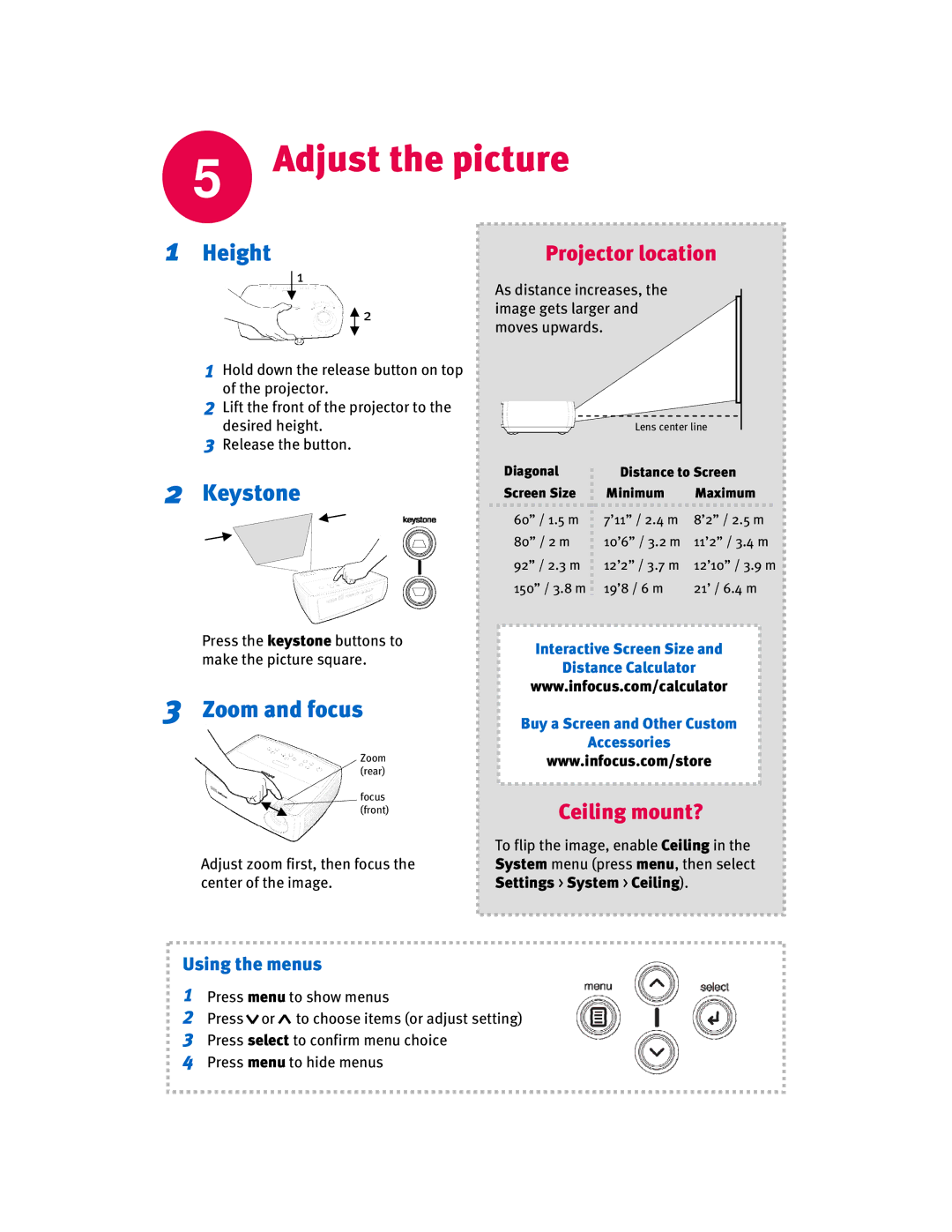 InFocus IN20 Series manual Adjust the picture, Height, Keystone, Zoom and focus, Using the menus 