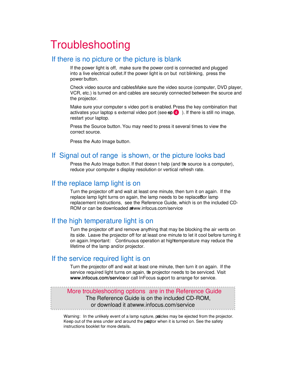 InFocus IN20 Series Troubleshooting, If there is no picture or the picture is blank, If the service required light is on 