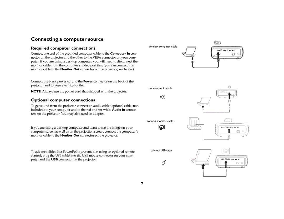 InFocus IN20 manual Connecting a computer source, Required computer connections, Optional computer connections 