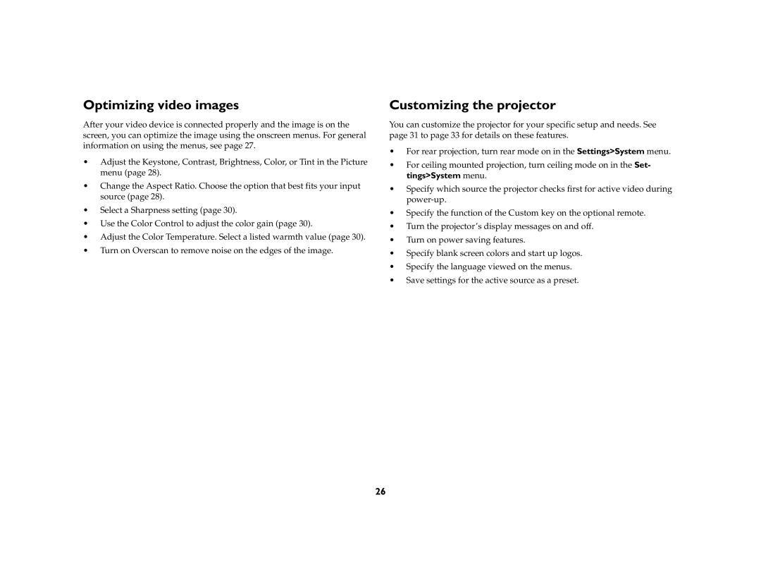 InFocus IN20 manual Optimizing video images, Customizing the projector 