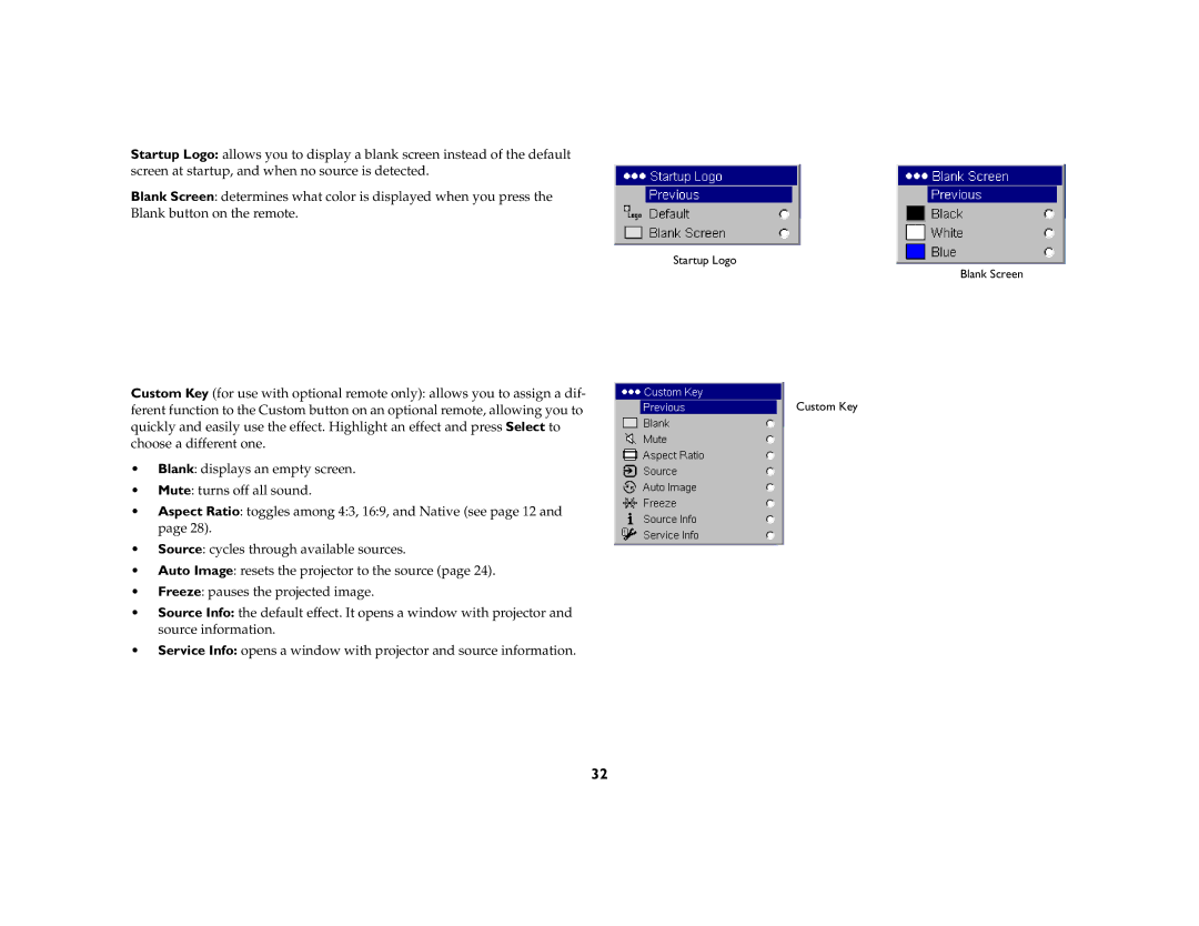 InFocus IN20 manual Startup Logo Blank Screen Custom Key 