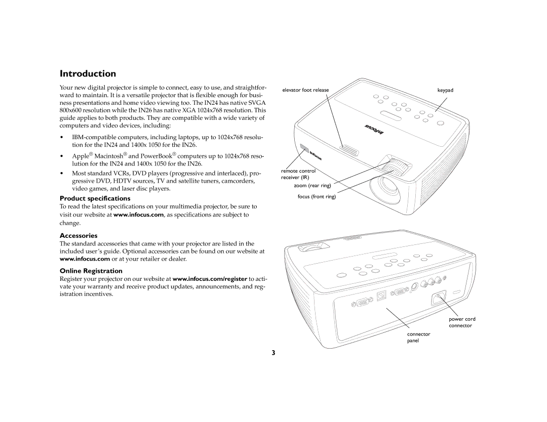 InFocus IN20 manual Introduction, Product specifications Accessories Online Registration 