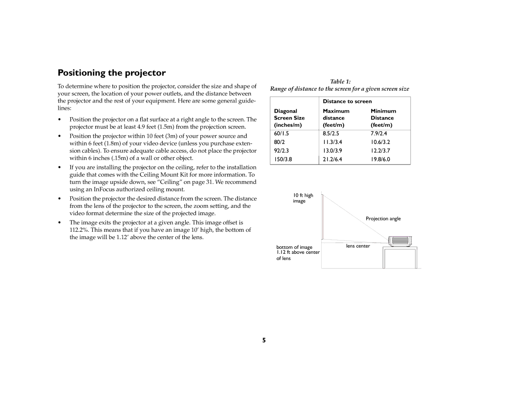 InFocus IN20 manual Positioning the projector, Range of distance to the screen for a given screen size 