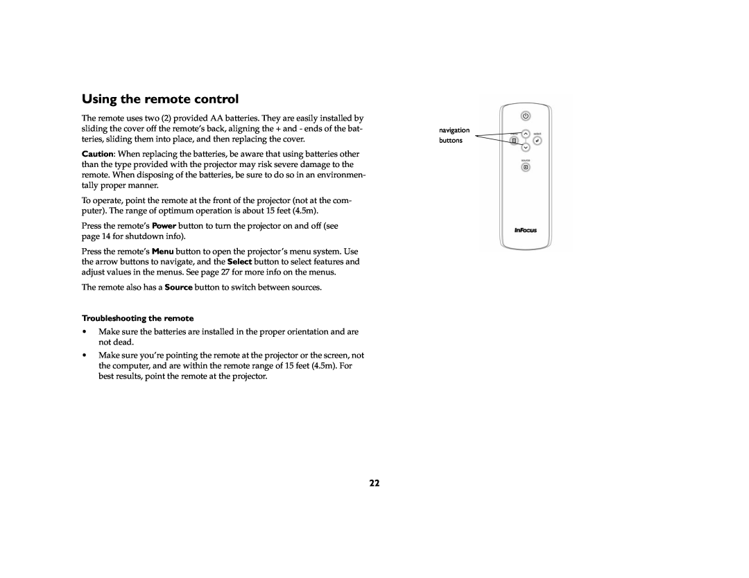InFocus IN20 manual Using the remote control, Troubleshooting the remote 
