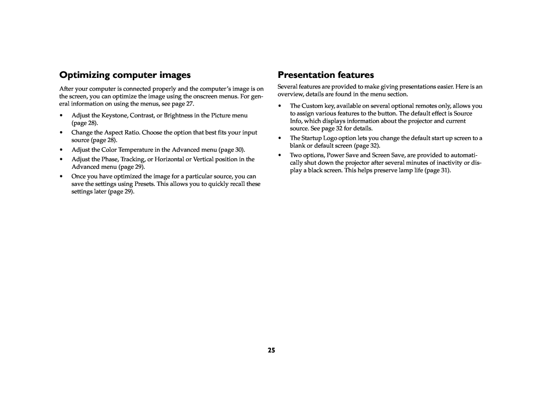 InFocus IN20 manual Optimizing computer images, Presentation features 