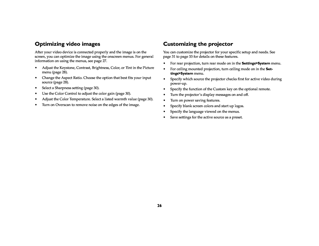 InFocus IN20 manual Optimizing video images, Customizing the projector 