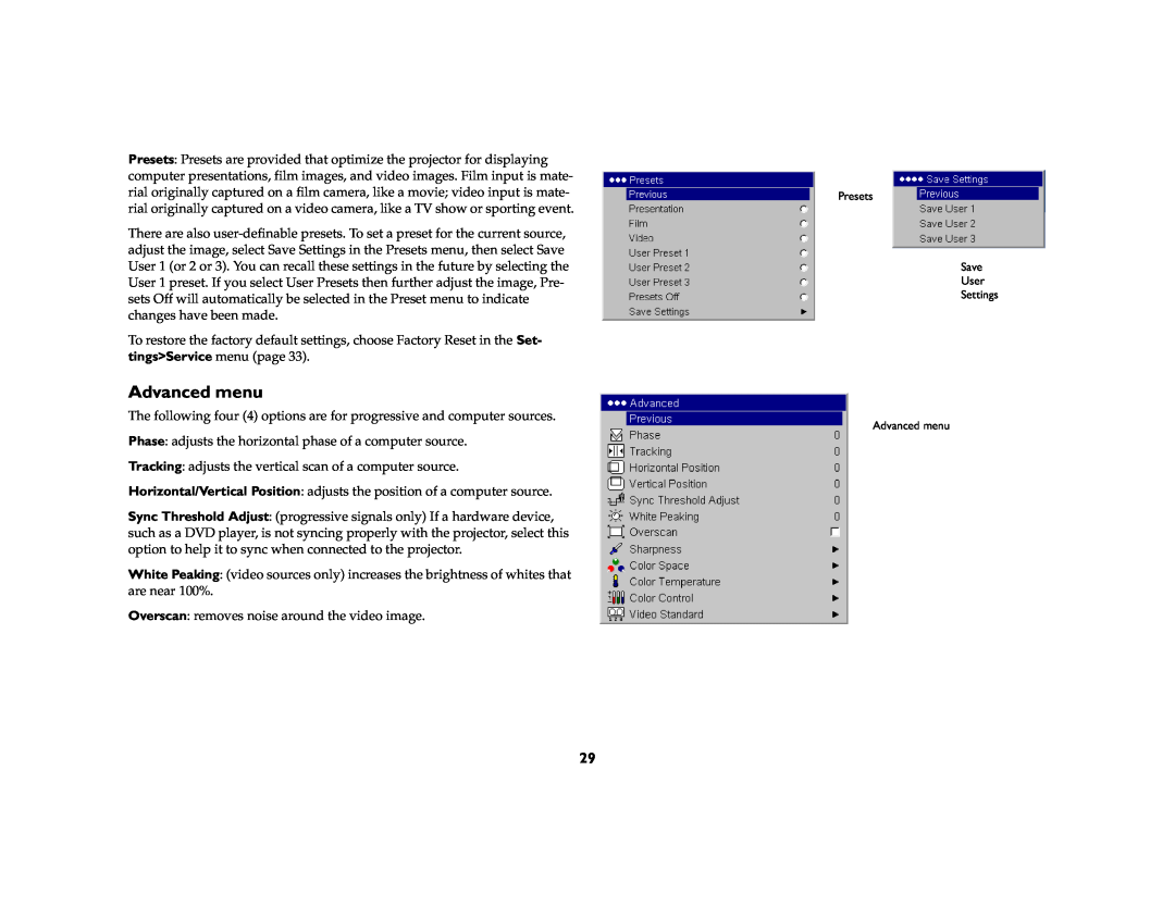 InFocus IN20 manual Advanced menu 