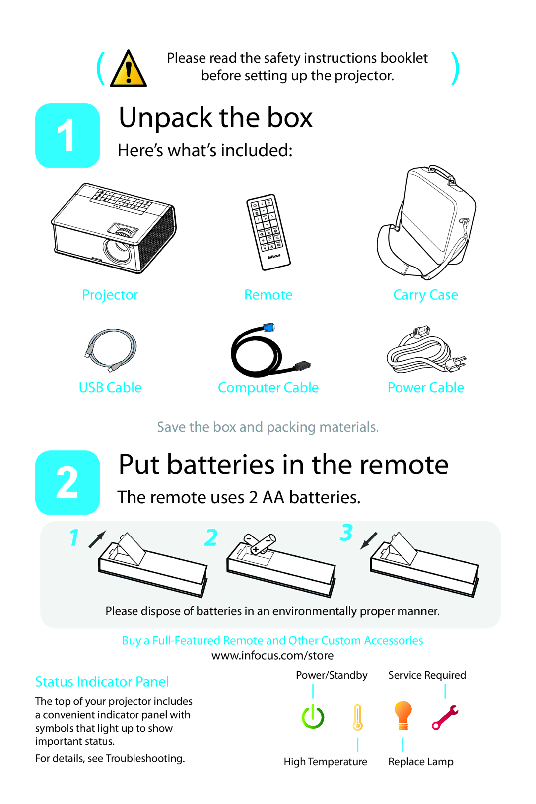 InFocus in2100 quick start Projector Remote, Status Indicator Panel, Power/Standby 