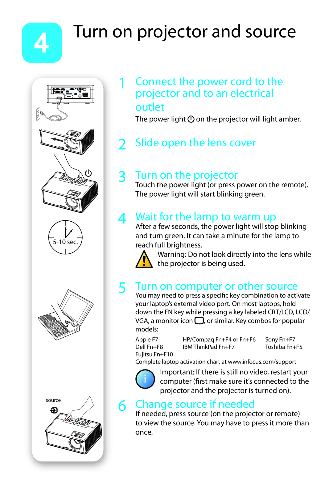 InFocus in2100 quick start Turn on projector and source 