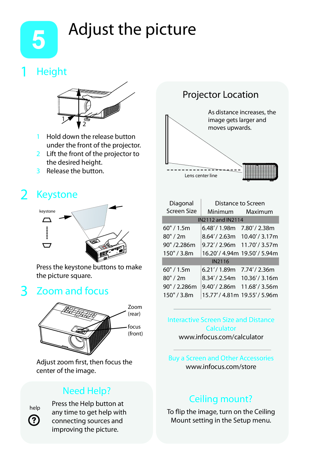 InFocus in2100 quick start Adjust the picture, Height, Keystone, Zoom and focus 