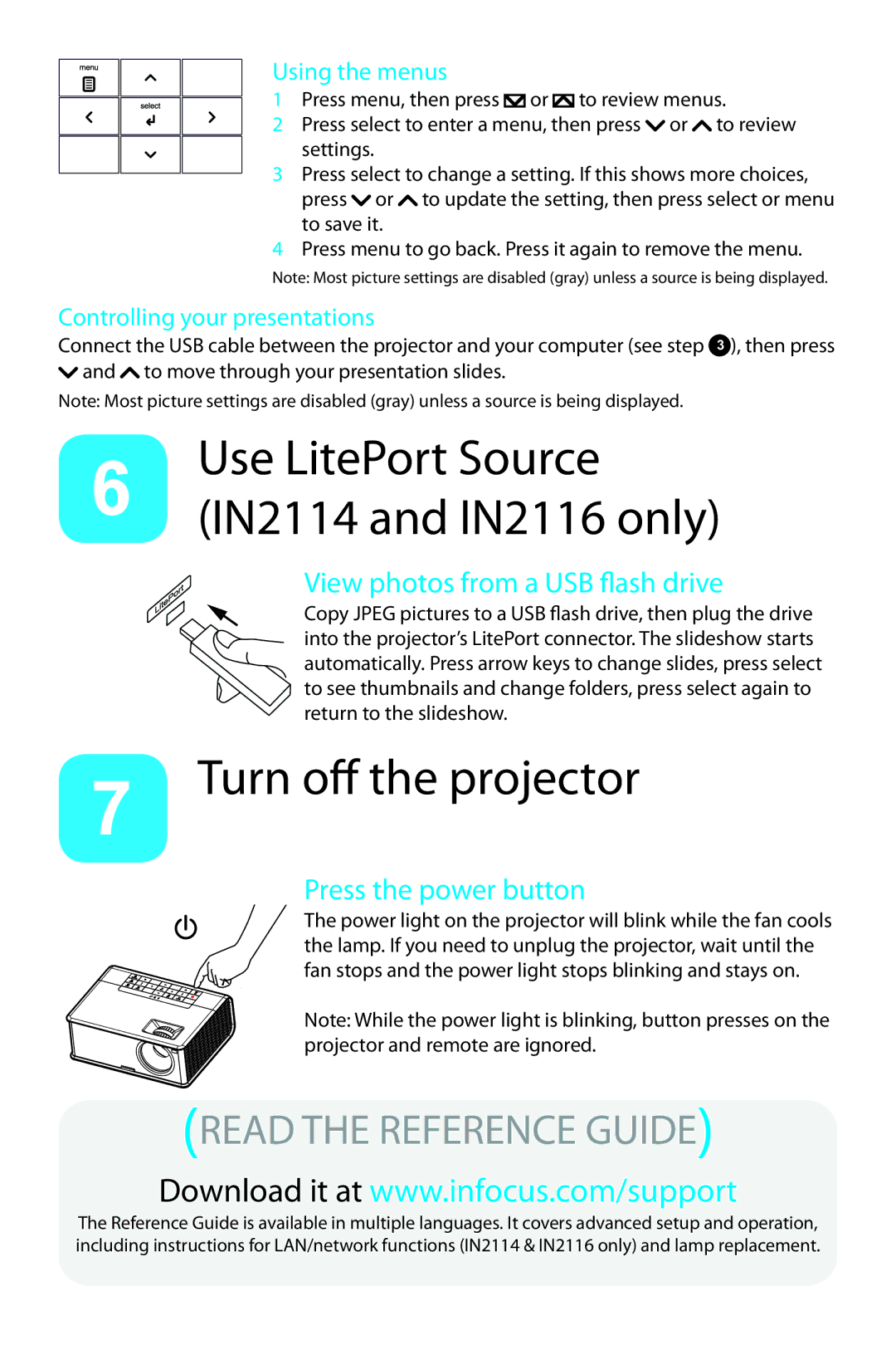 InFocus in2100 Use LitePort Source, Turn off the projector, Read the Reference Guide, View photos from a USB flash drive 