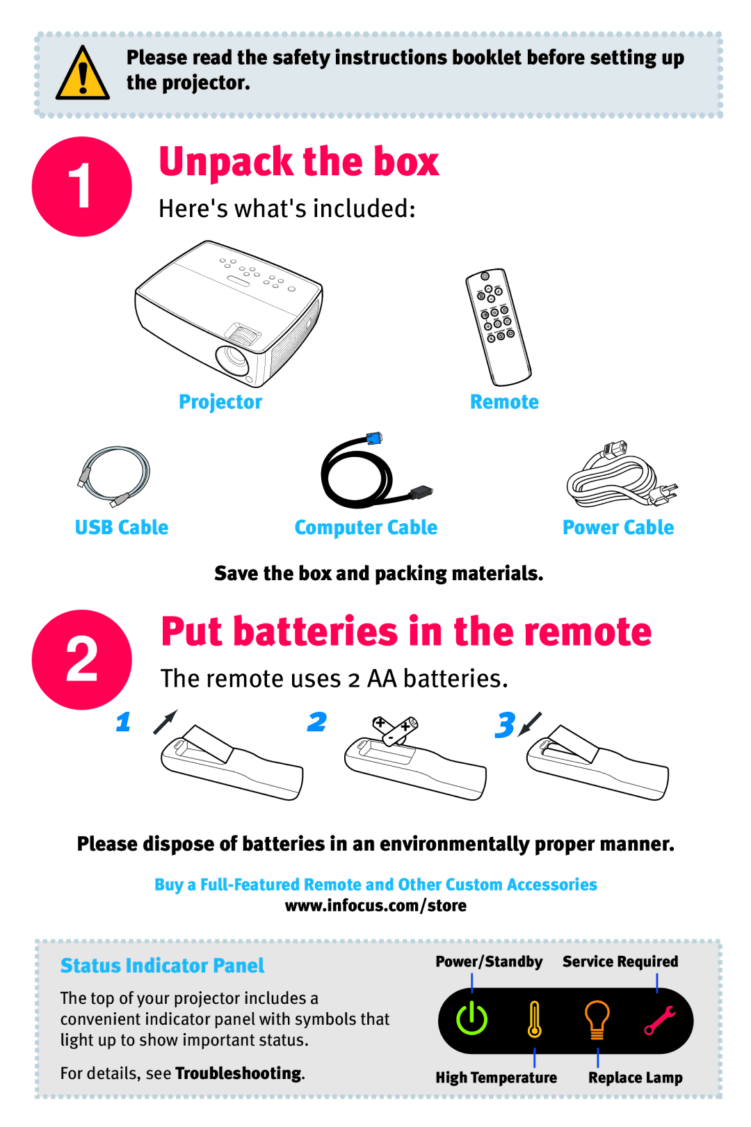 InFocus IN2104, IN2106, IN2102 quick start Unpack the box, Power/Standby Service Required High Temperature 