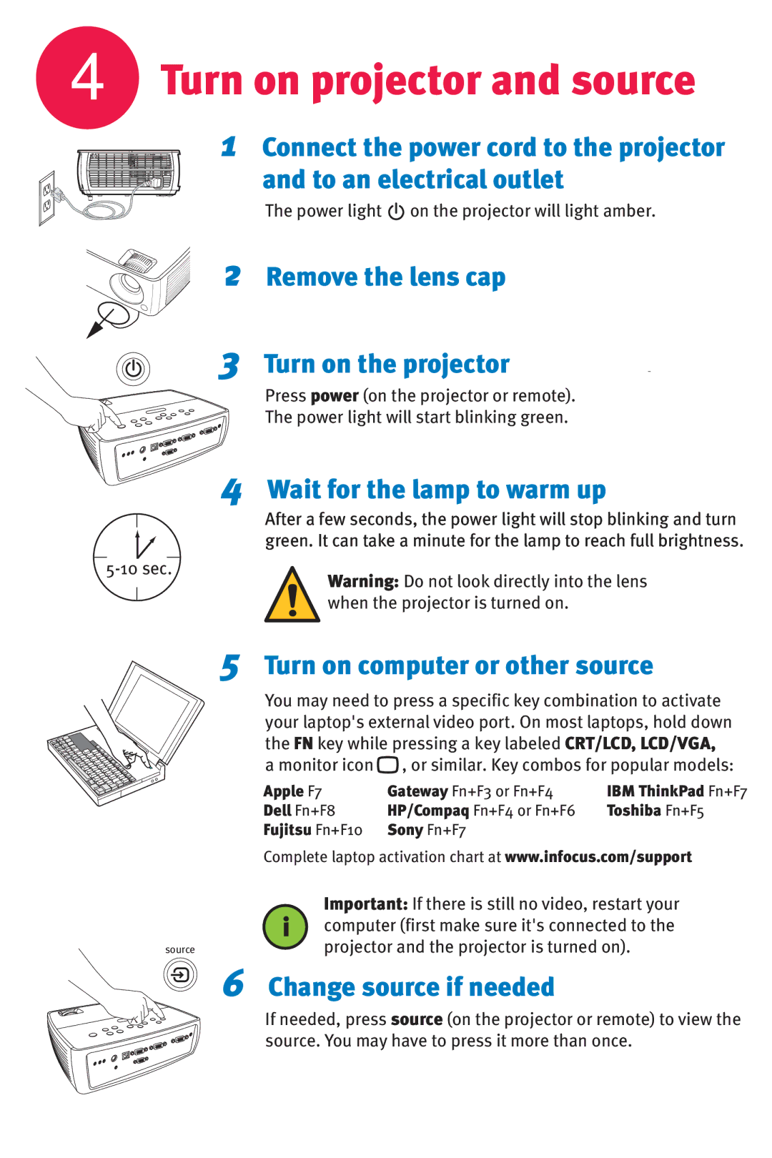 InFocus IN2102, IN2106, IN2104 quick start Wait for the lamp to warm up, Change source if needed, Turn on the projector 