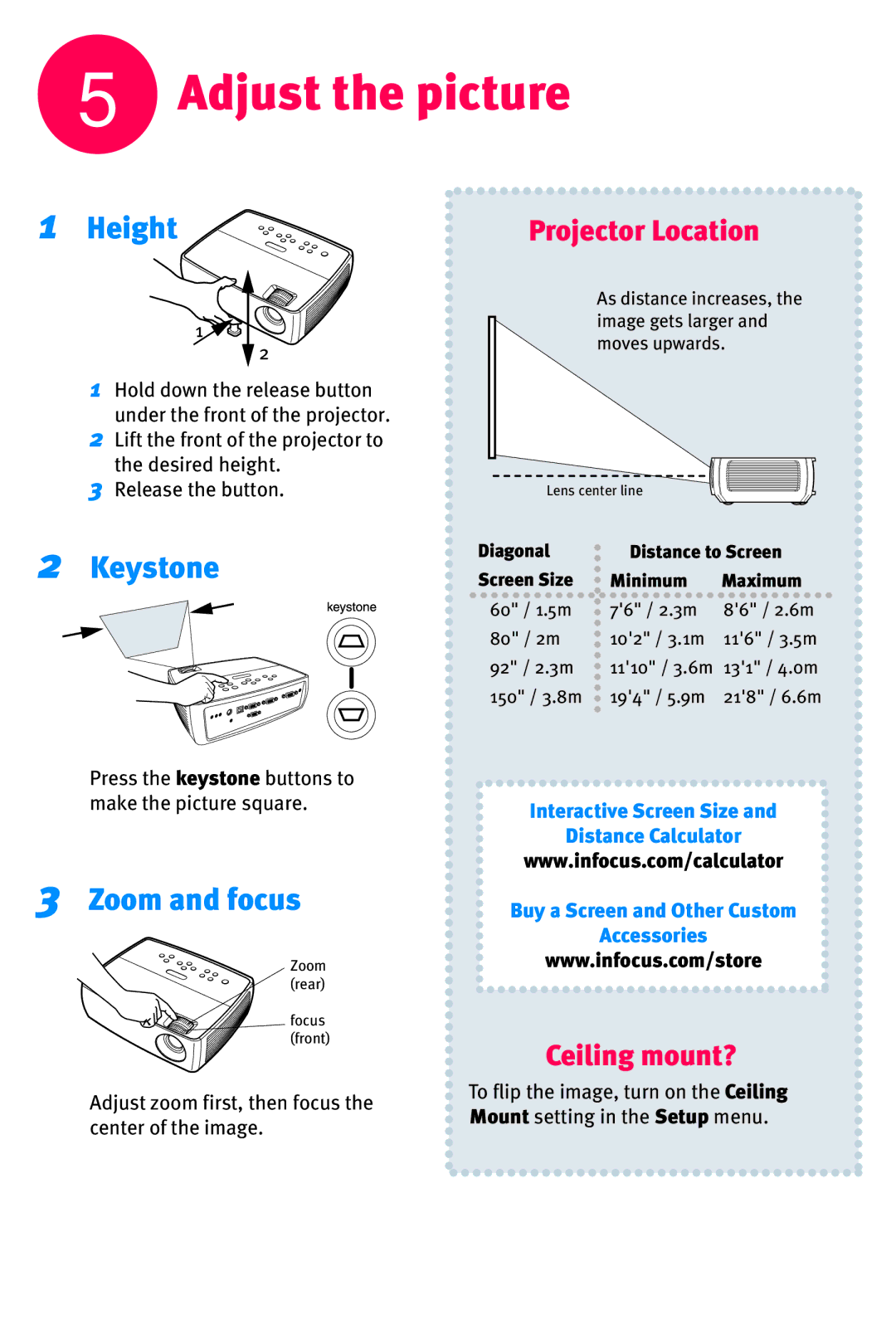 InFocus IN2104, IN2106, IN2102 quick start Adjust the picture, Height, Keystone, Zoom and focus 