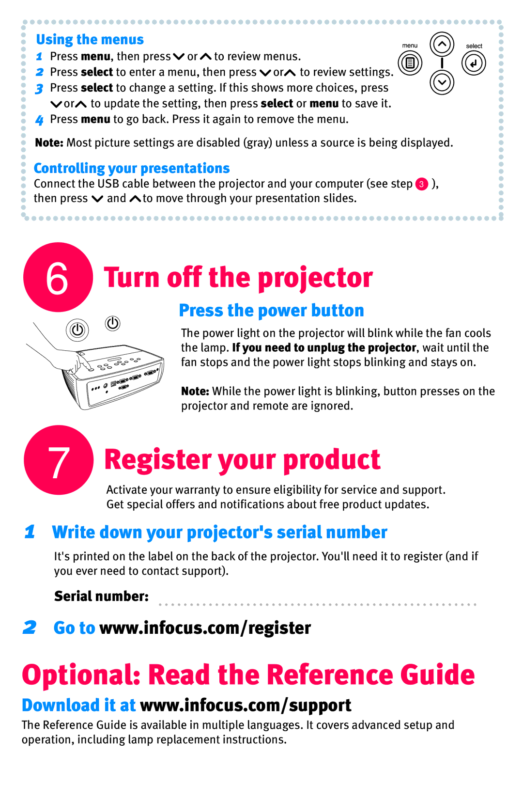 InFocus IN2106 Turn off the projector, Register your product, Optional Read the Reference Guide, Press the power button 