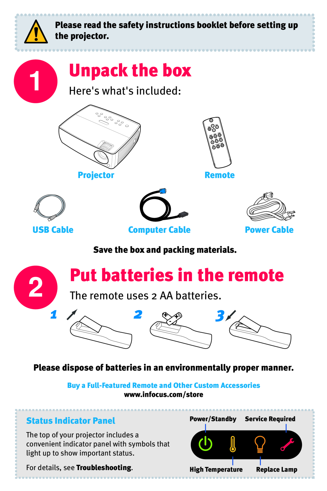 InFocus IN2104 Heres whats included, Please dispose of batteries in an environmentally proper manner, Unpack the box 