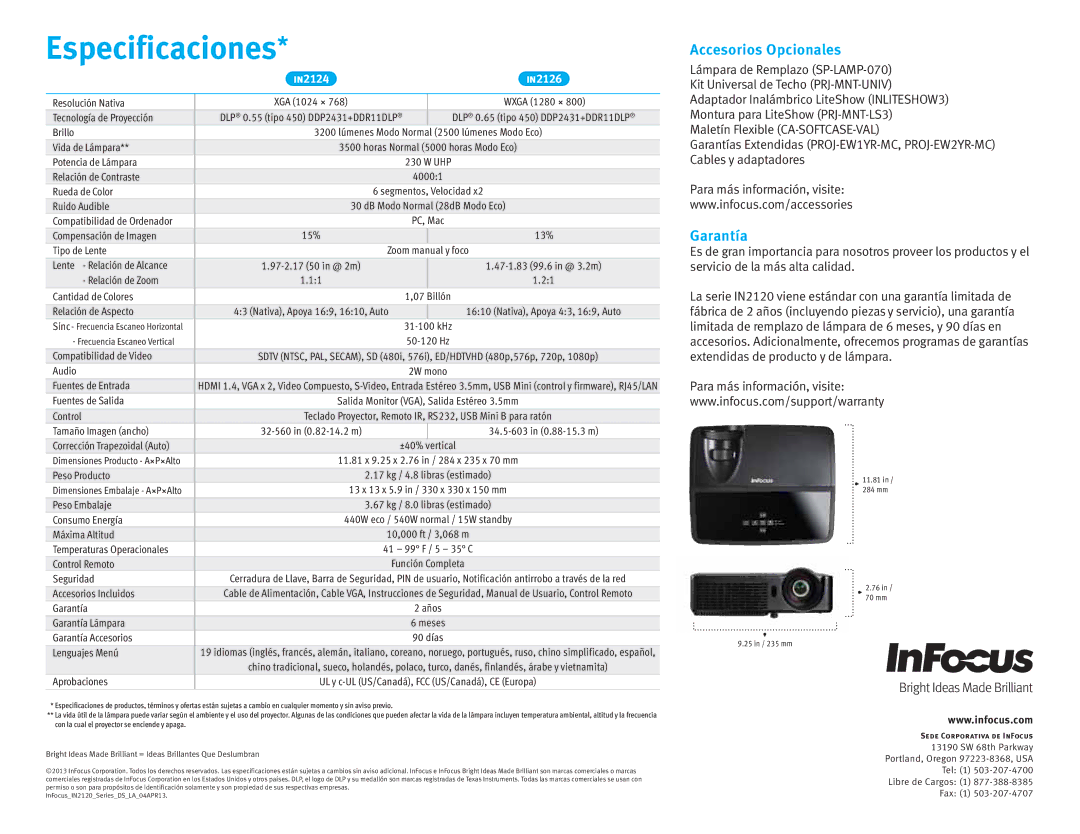 InFocus IN2120 manual Especificaciones 