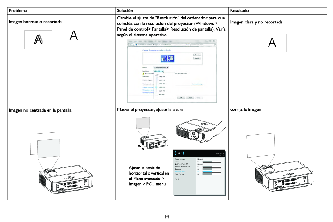 InFocus in2124 manual Imagen clara y no recortada, según el sistema operativo, Imagen no centrada en la pantalla, Problema 