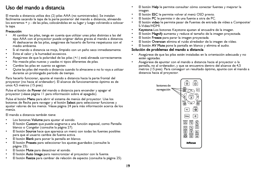 InFocus in2124 manual Uso del mando a distancia, Solución de problemas del mando a distancia, Precaución 