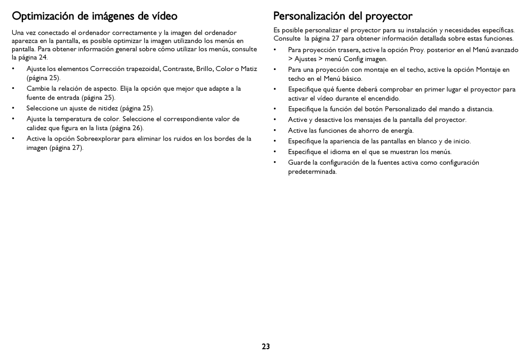 InFocus in2124 manual Optimización de imágenes de vídeo, Personalización del proyector 