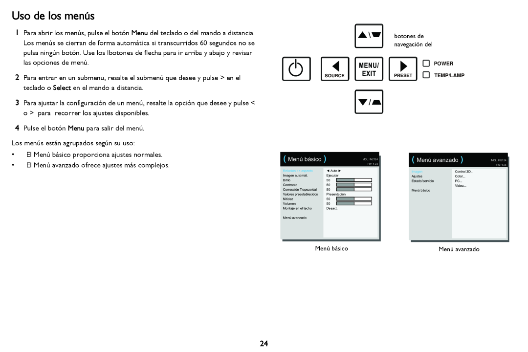 InFocus in2124 manual Uso de los menús 