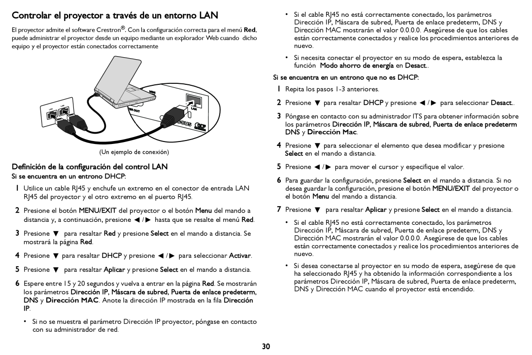 InFocus in2124 manual Controlar el proyector a través de un entorno LAN, Definición de la configuración del control LAN 