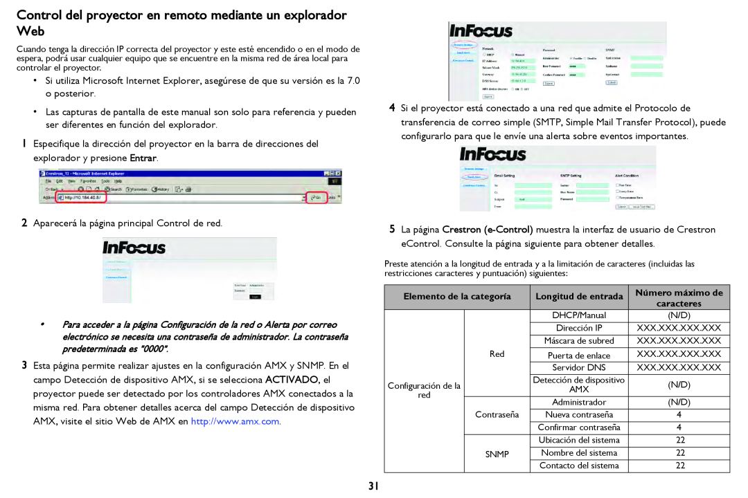 InFocus in2124 manual Control del proyector en remoto mediante un explorador Web 