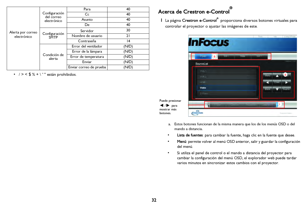 InFocus in2124 manual Acerca de Crestron e-Control, $ % + \ están prohibidos 