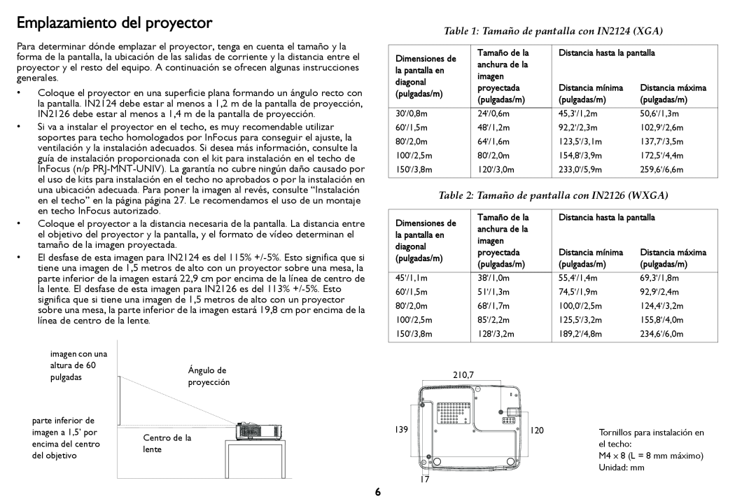 InFocus in2124 manual Emplazamiento del proyector, Tamaño de pantalla con IN2124 XGA, Tamaño de pantalla con IN2126 WXGA 