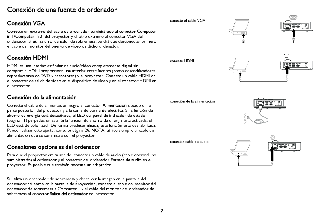 InFocus in2124 manual Conexión de una fuente de ordenador, Conexión VGA, Conexión HDMI, Conexión de la alimentación 