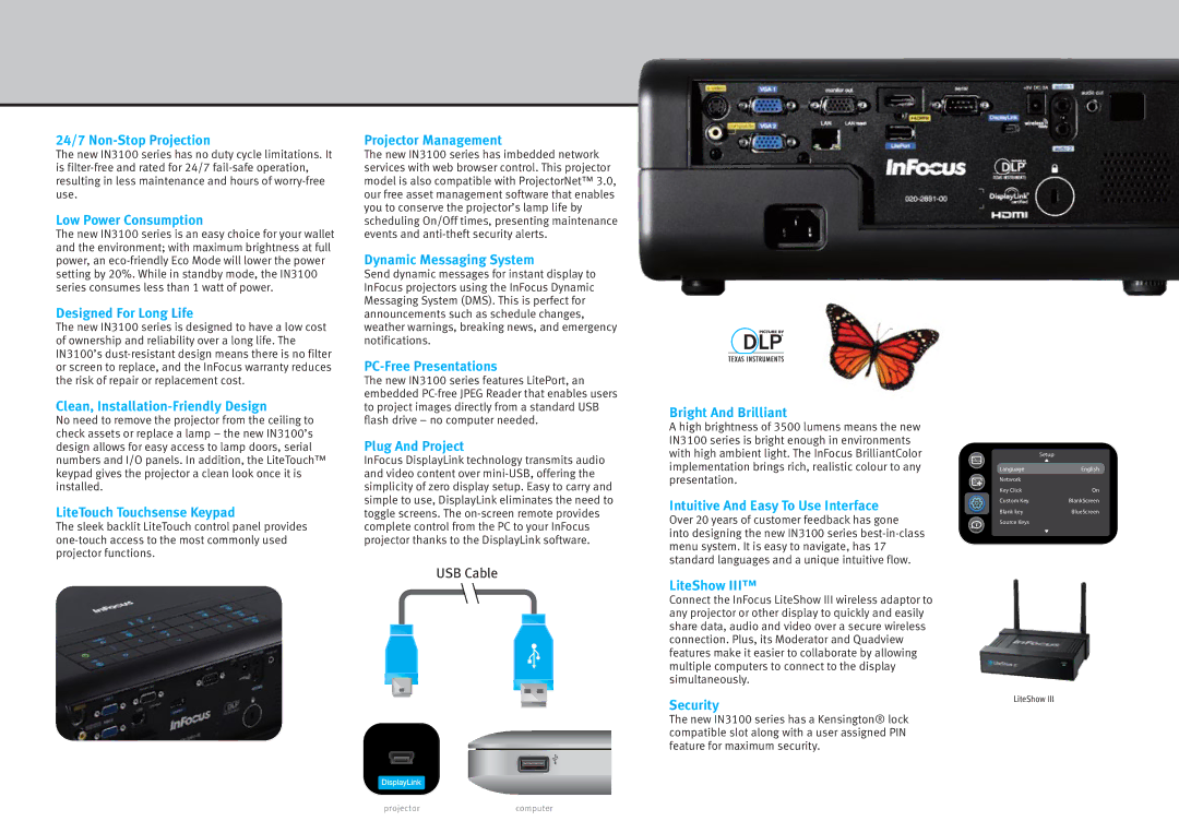 InFocus IN3100(Series) manual 24/7 Non-Stop Projection, Low Power Consumption, Designed For Long Life, Projector Management 