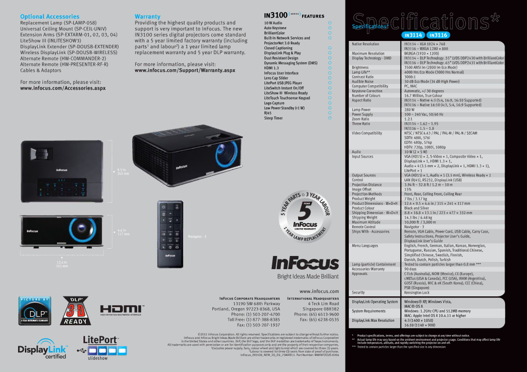 InFocus IN3100(Series) manual Optional Accessories Warranty 