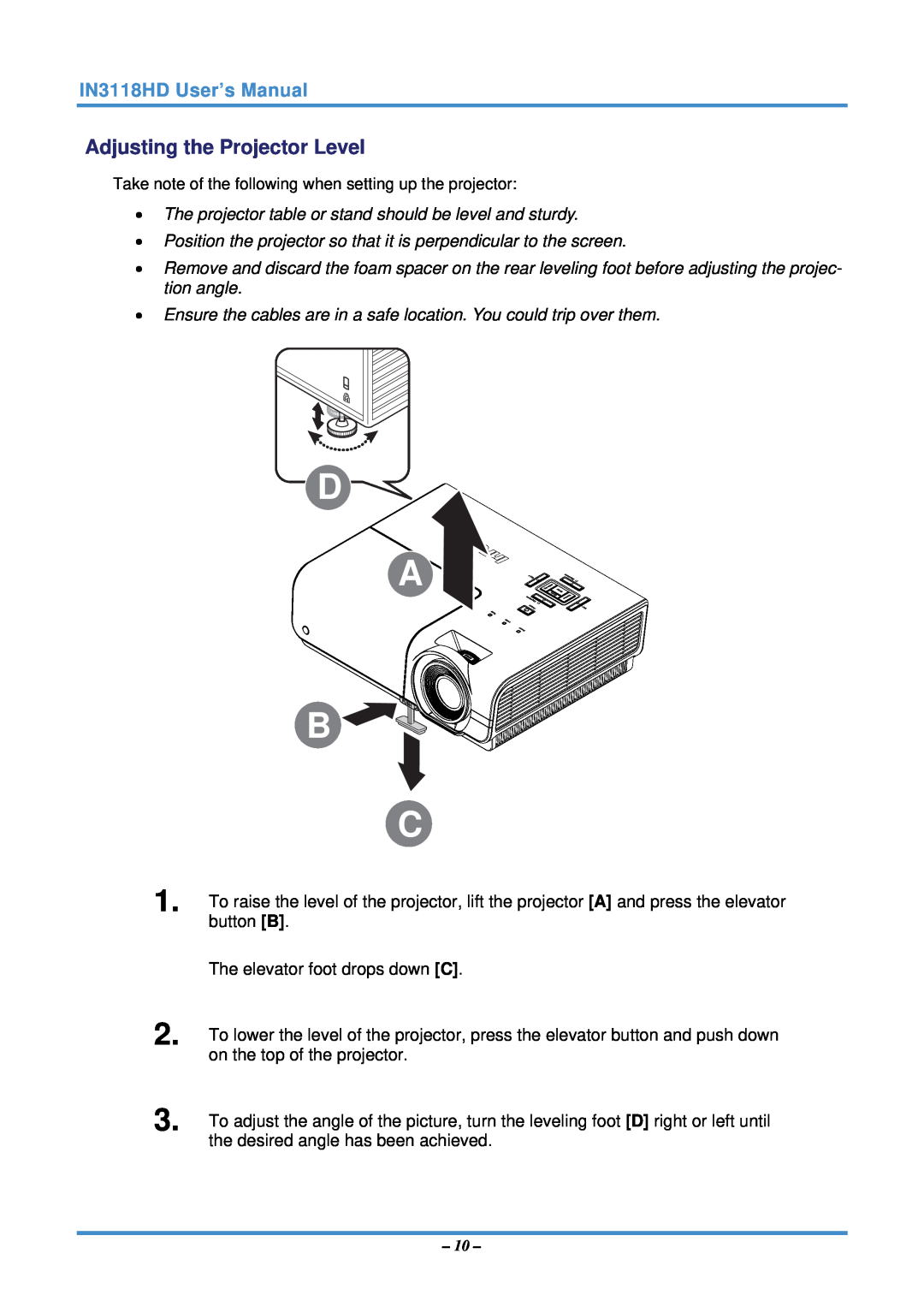 InFocus manual Adjusting the Projector Level, IN3118HD User’s Manual 
