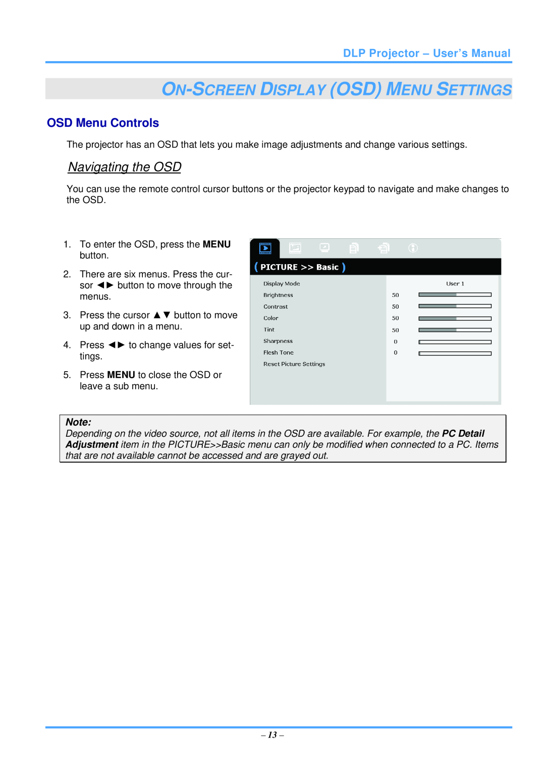 InFocus IN3118HD On-Screen Display Osd Menu Settings, Navigating the OSD, OSD Menu Controls, DLP Projector - User’s Manual 